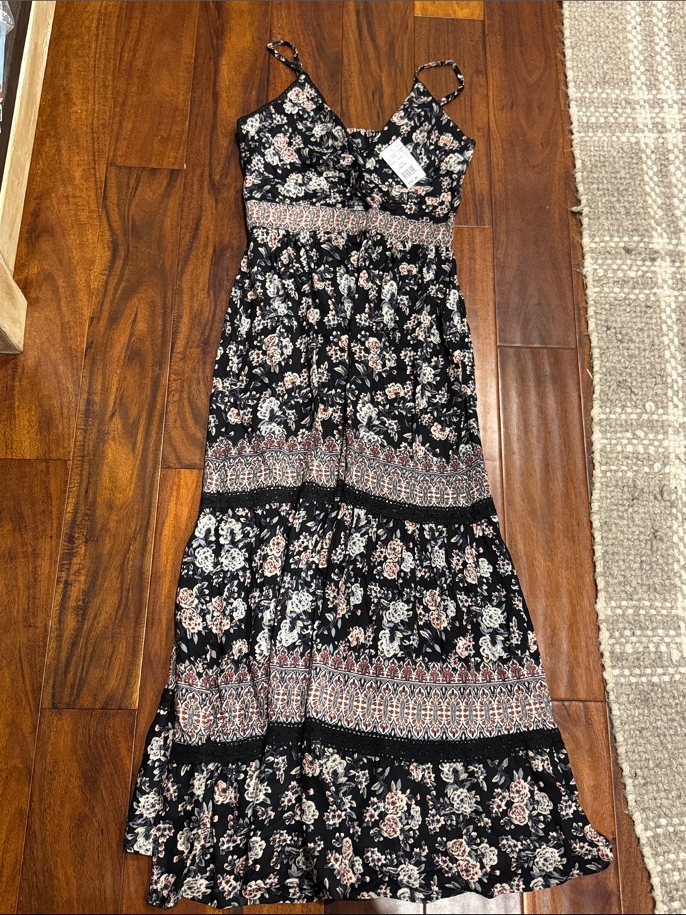 Sleeveless Black Floral Maxi Dress with Peekaboo front